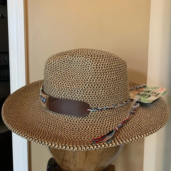 NWT COOL FASHION Brand Brown and tan adjustable hat w turquoise multi stone band - Picture 5 of 11